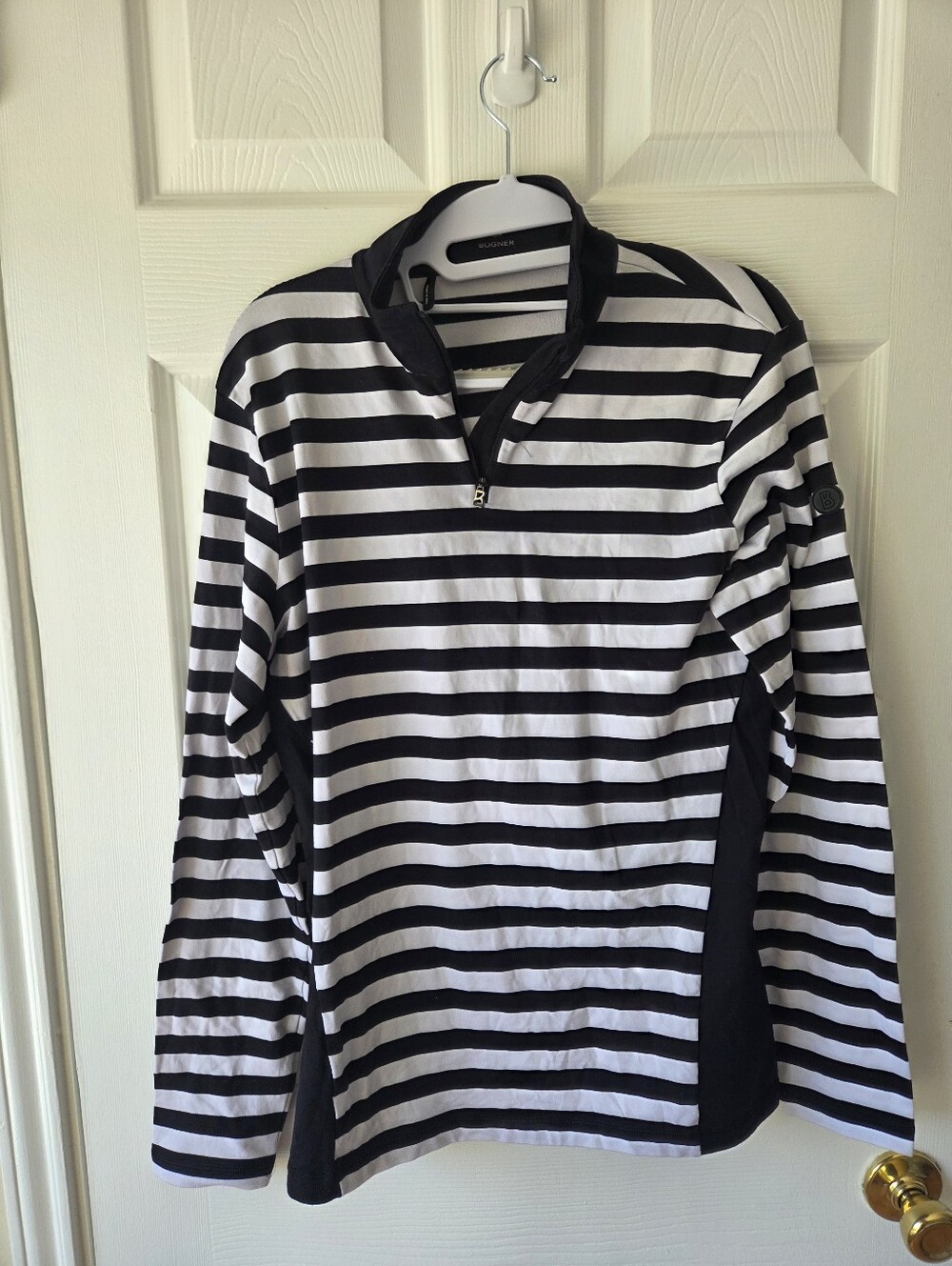 BOGNER Briana Basic Quarter Zip Sz US 14 Pullover Black White Stripes $290
